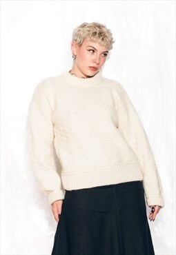Vintage 80s Hand Knitted Jumper in Beige Wool