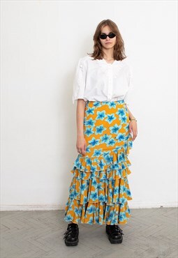 Vintage 80s Maxi Skirt Floral Flamenco Frill Yellow Blue