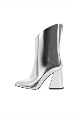 Silver Metallic Leather Chunky Heel Ankle Boots