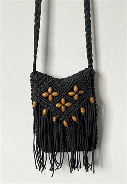 Fringe Black Crochet Boho Coss Body Bag 