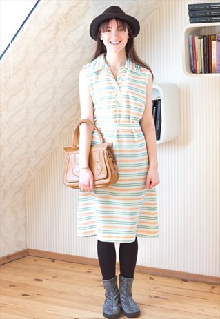WHITE GREEN AND ORANGE STRIPED SHIRT STYLE SLEEVELESS DRESS