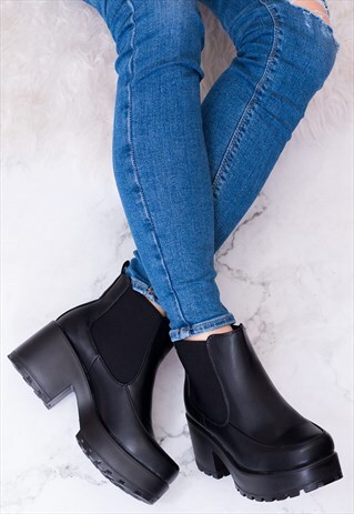 CERIUM PLATFORM BLOCK HEEL CHELSEA ANKLE BOOTS - BLACK LEATH