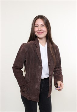 90s brown leather jacket, vintage women casual autumn blazer