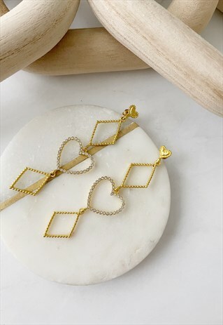 GOLD DIAMANTE DROP DAINTY HEART DIAMOND CHANDELIER EARRINGS