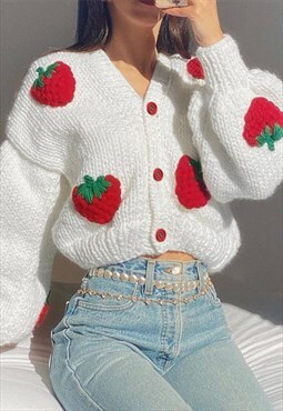 Strawberry Long Sleeve Cardigan White