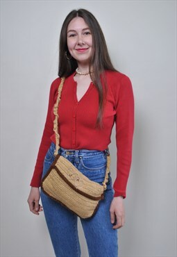 Knitted shoulder bag, vintage cute knit boho purse, 80s 