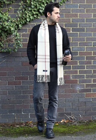 VINTAGE CASHMERE CHECKED SCARF CREAM-AS104