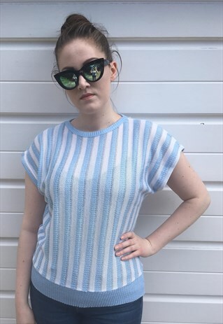 WOMENS VINTAGE 80S JUMPER SHORT SLEEVE JUMPER STRIPY TOP