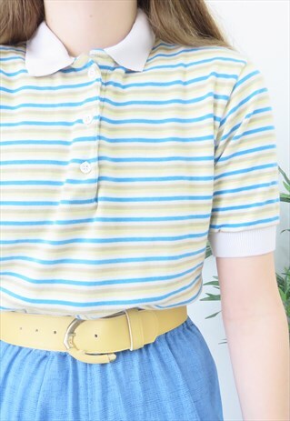 RETRO 90S VINTAGE YELLOW & BLUE & GREEN STRIPED POLO SHIRT