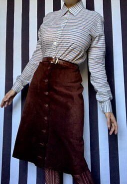 Vintage 80s brown suede leather midi skirt, UK12/14