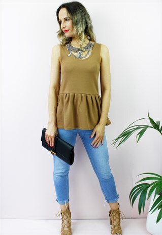 CAMEL SLEEVELESS SWING BABY DOLL PEPLUM BLOUSE TOP