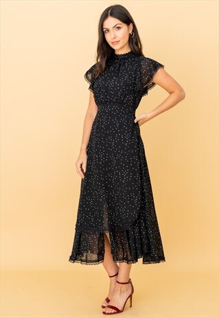 BLACK HIGH NECK LAYERED MIDI DRESS WITH LACE TRIM