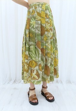 90s Vintage Multicoloured Floral Pleated Midi Skirt