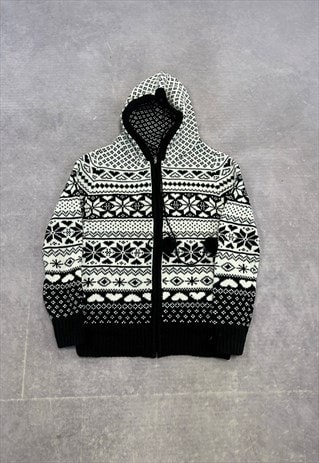 VINTAGE ABSTRACT KNITTED CARDIGAN ZIP UP PATTERNED HOODIE