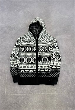 Vintage Abstract Knitted Cardigan Zip Up Patterned Hoodie