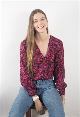 VINTAGE PINK AND PURPLE COLLARLESS BLOUSE