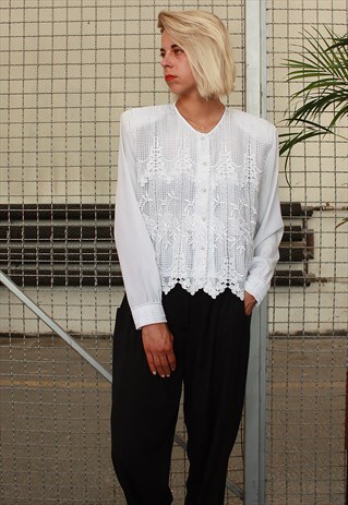 VINTAGE 80' BEAUTIFUL CUTE WHITE BLOUSE WITH LACE TORSO