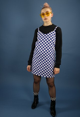 CHECKERBOARD SLIP DRESS IN BLUE AND WHITE CHEF PRINT