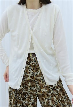 90s Vintage Cream Floral Embroidered Blouse & Cardigan
