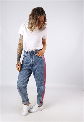 HIGH WAISTED SIDE STRIPE REWORKED JEANS TAPERED UK 12 (31R)