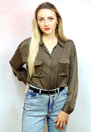 1990S VINTAGE MILK CHOCOLATE BROWN PURE SILK SHIRT