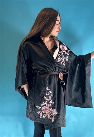 Vintage 90s Black Satin Floral Embroidered Short Robe Wrap