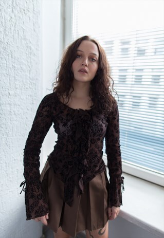 VINTAGE 80'S BROWN PATTERNED FRILL DETAIL BLOUSE