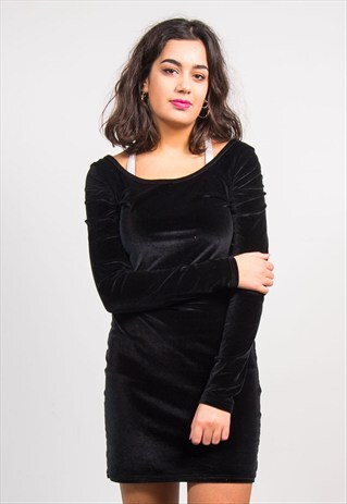 VINTAGE 90'S BLACK VELVET SCOOP NECK MINI DRESS
