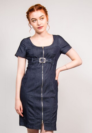 90'S VINTAGE DARK DENIM ZIP FRONT MINI DRESS