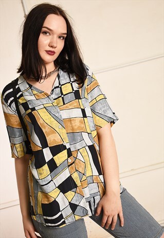 90'S RETRO ABSTRACT PRINT PARIS CHIC BLOUSE SHIRT TOP