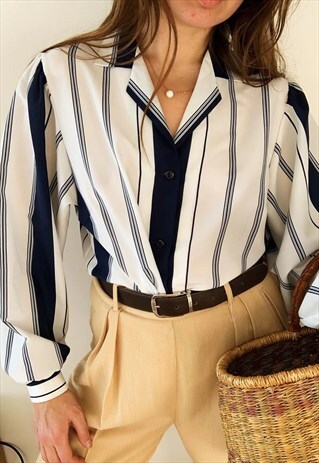 VINTAGE 60S MOD NAUTICAL STRIPED MILKMAID SHIRT TOP BLOUSE