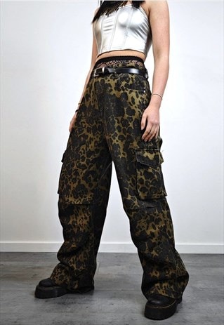 Leopard jeans combat trousers animal print cargo pocket 