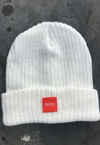 HUGO BOSS BEIGE RIBBED BEANIE HAT