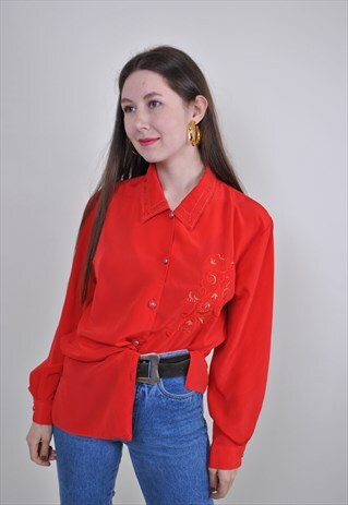 90S RED MINIMALIST BLOUSE, FLORAL EMBROIDERY PLUS SIZE SHIRT