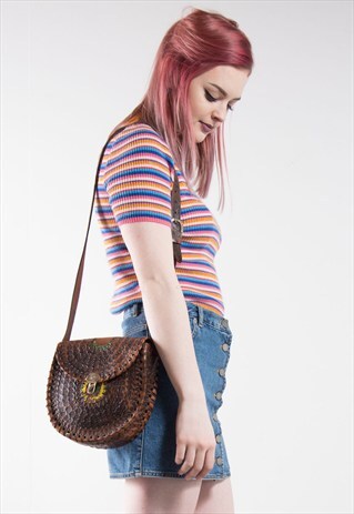 VINTAGE 70'S EMBOSSED LEATHER SATCHEL BAG