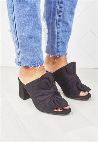 ROSANNA BLACK SUEDE BOW BLOCK HEEL MULES