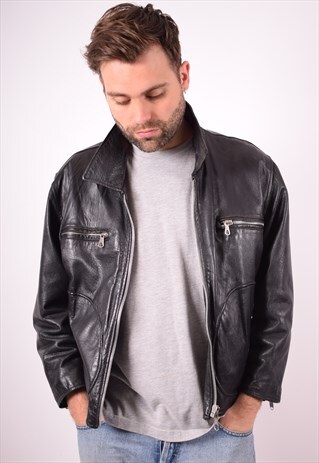 MENS VINTAGE LEATHER JACKET LARGE BLACK 90S