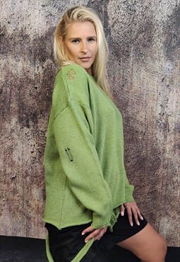 Ripped sweater High quality jumper y2k knit top in green