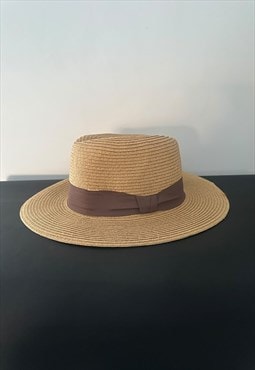 New Vintage Style Beige Gold Lurex Brown Band Straw Hat