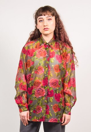 VINTAGE 90'S GREY SHEER ROSE FLORAL SHIRT