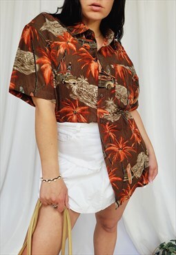 Vintage 90s brown palms print oversize menswear shirt