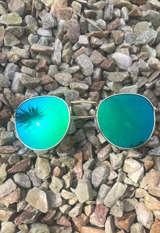 NEW POLISHED GOLD ROUND METAL REFLECTIVE SUNGLASSES