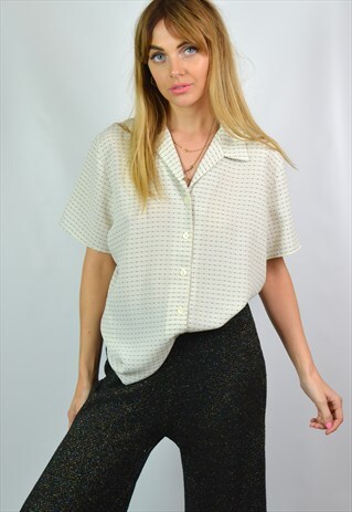 VINTAGE WHITE & BLACK DOT SHORT SLEEVE BLOUSE SHIRT