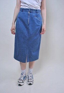 Vintage midi jeans skirt, 80s hippie style skirt 
