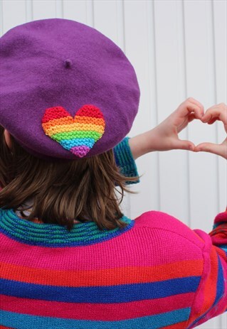 VINTAGE PURPLE WOOL BERET WITH RAINBOW HEART