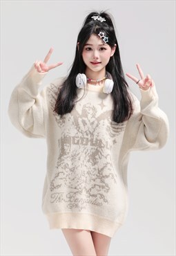 Angel print sweater Gothic knitted jumper grunge top cream