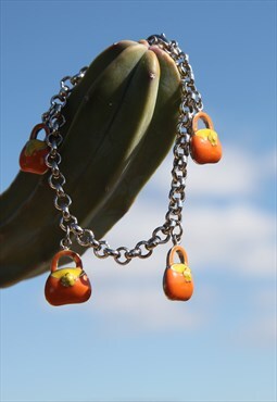 Deadstock silver/orange enamel bags charm chain bracelet
