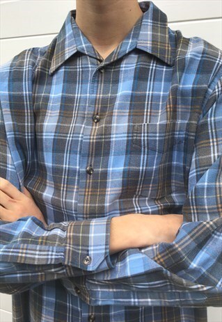 MENS VINTAGE 80S SHIRT BLUE CHECKED FLANNEL LONG SLEEVE TOP