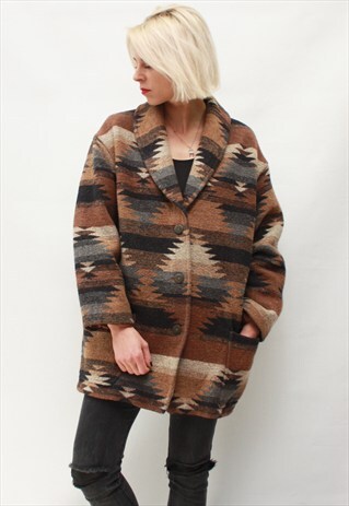 VINTAGE 90' BEAUTIFUL AMAZING AZTEC WOOL BROWN COAT