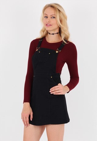 BLACK DENIM DUNGAREE PINAFORE DRESS